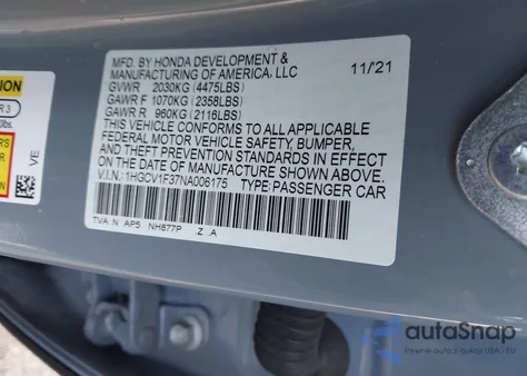 2022 Honda Accord Sport z USA, uszkodzony, nr VIN 1HGCV1F37NA006175